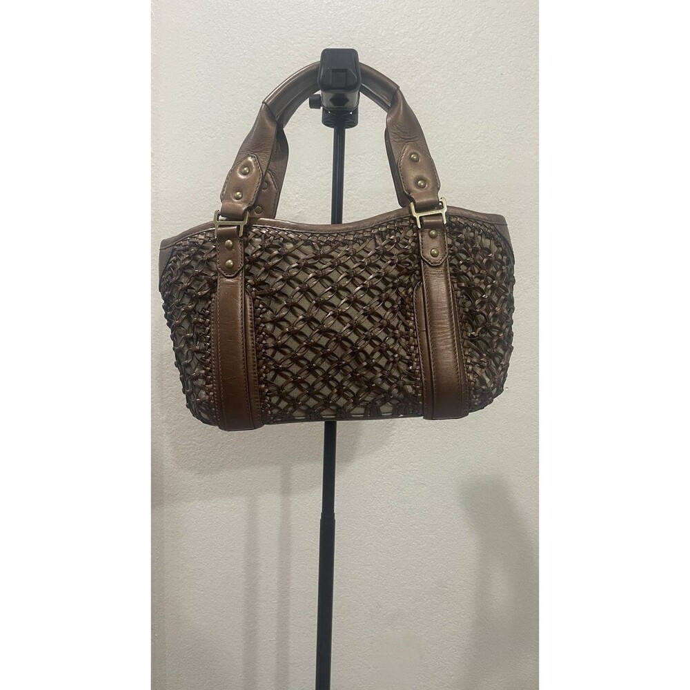 Liked New~COLE HAAN "Sierra Open Weave" Metallic Brozne Leather Handbag Purse